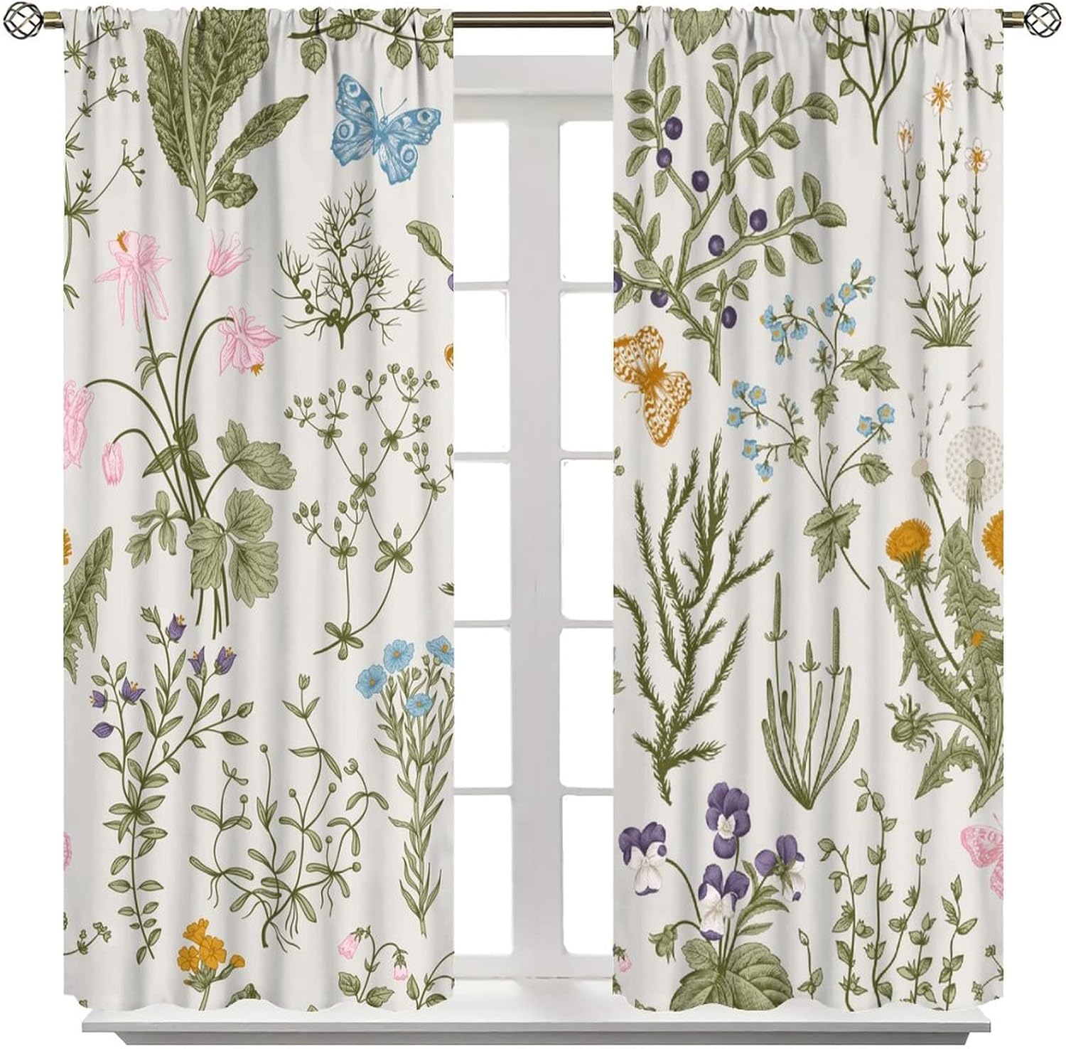 Floral Botanical Curtains, Spring Floral Botanical Butterfly in Natural Garden, Blackout Decorative Curtains for Bedroom Living Room, Set of 2 Panels,52X84 Inch