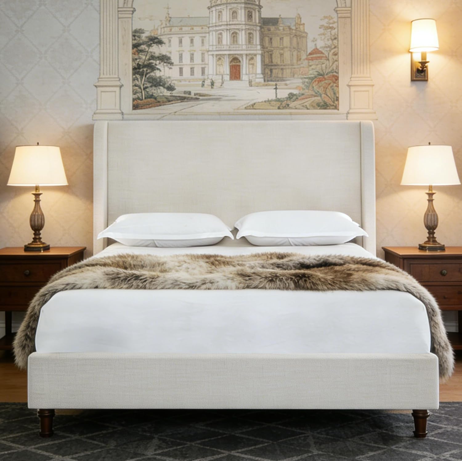 Upholstered Platform Wingback Bed Frame with 54" High Headboard, Solid Walnut Wood Feet, Sturdy Metal & Wood Slats (Boucle, Ivory White-R2030, Queen (U.S. Standard))