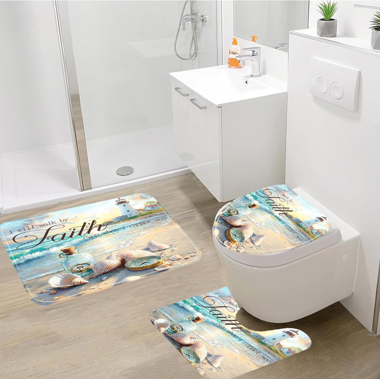 4Pcs Beach Ocean Shower Curtain Sets Bible Verse Quotes Inspirational Bathroom Decor Nautical Coastal Christian Shower Curtain and Rugs 4 Piece, Waterproof Bath Mat Carpet Toilet Bathroom Accessories