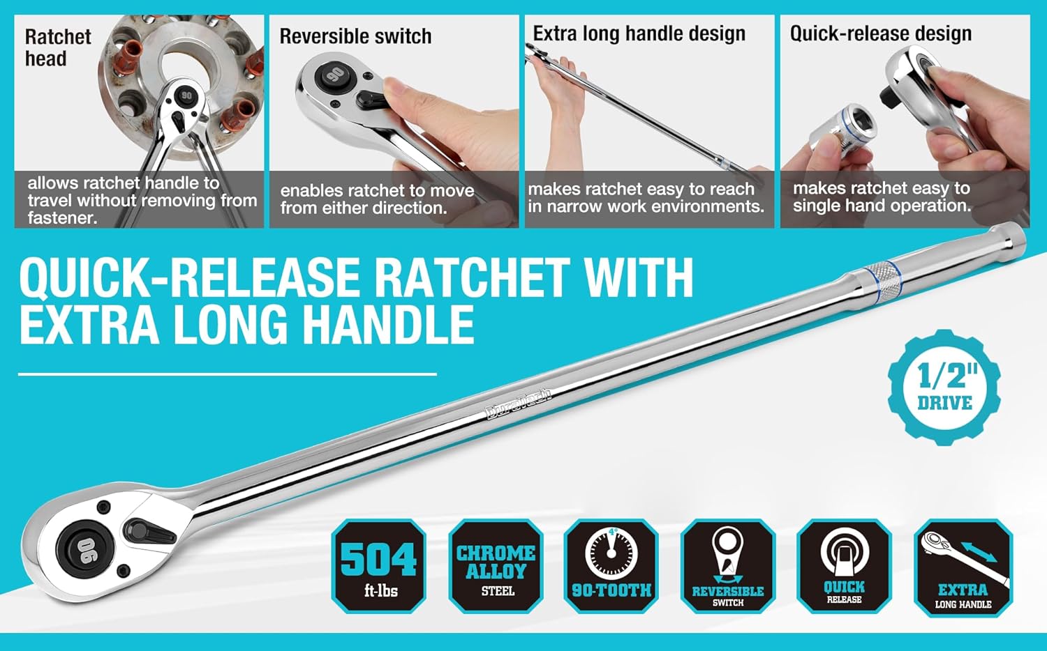 DURATECH Extra Long Handle 1/2-Inch Drive Ratchet, 90-Tooth Quick-release Ratchet Wrench with 20" Extra Long Handle, Teardrop Ratcheting, Reversible, Chrome Alloy Made, CR-MO Head,Full Polished