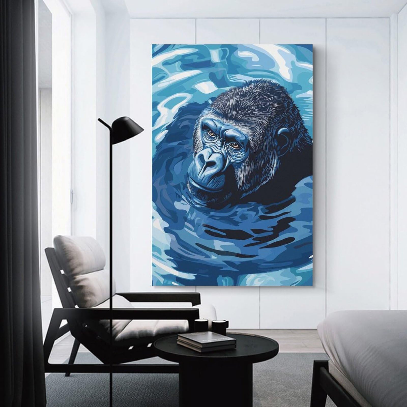 Junmoney Unframe-Style Blue Gorilla In Water Digital Art Room Decor Wall Art, 08X12inch(20X30cm), For Office, Study Or Home Workspace, Decorative Artwork For Productive Spaces