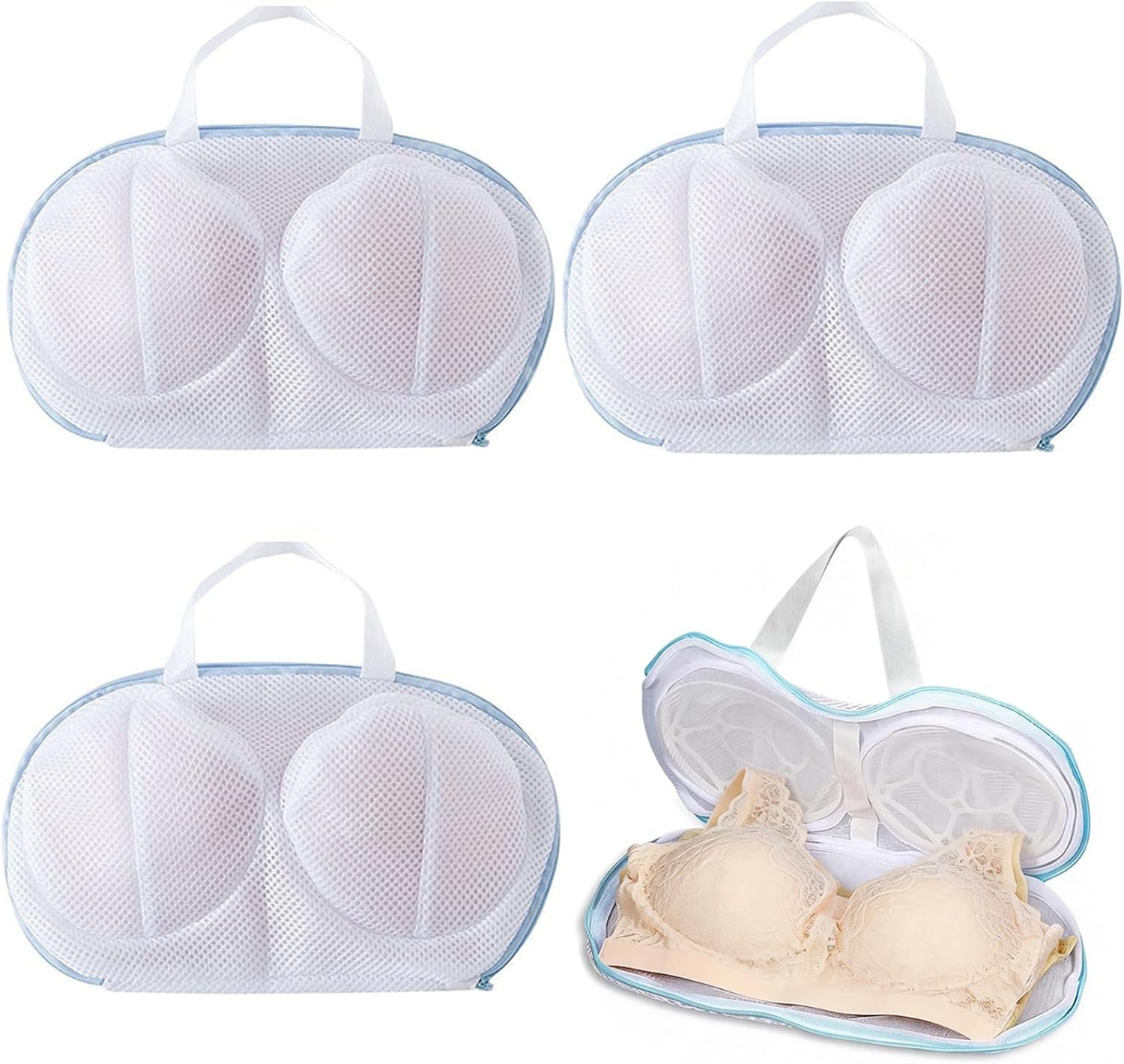 4 Pack Bra Washing Bags for Laundry, 3D Protective Bracket Mesh Bra Laundry Bags for Washing Machine Brassiere Wash Bags with Handle and Zipper for Delicates Lingerie (4PCS Grey)