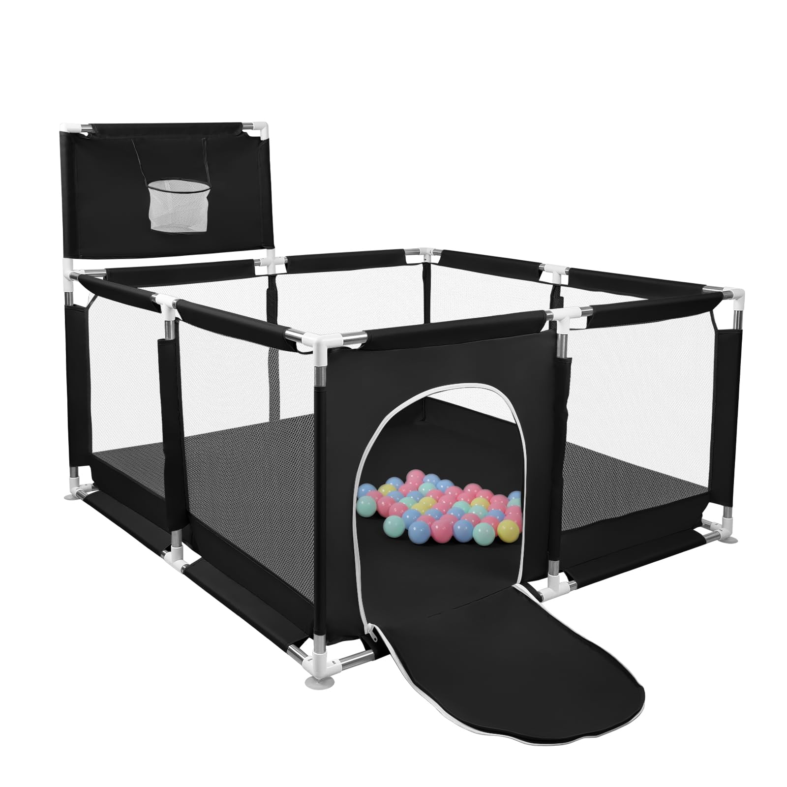 Parco per cuccioli con porta, parco per cuccioli o cani piccoli, recinzione solida in tessuto spesso e rete in nylon ad alta resistenza, lavabile in lavatrice, interno/esterno, 126 x 126 x 66 cm, nero
