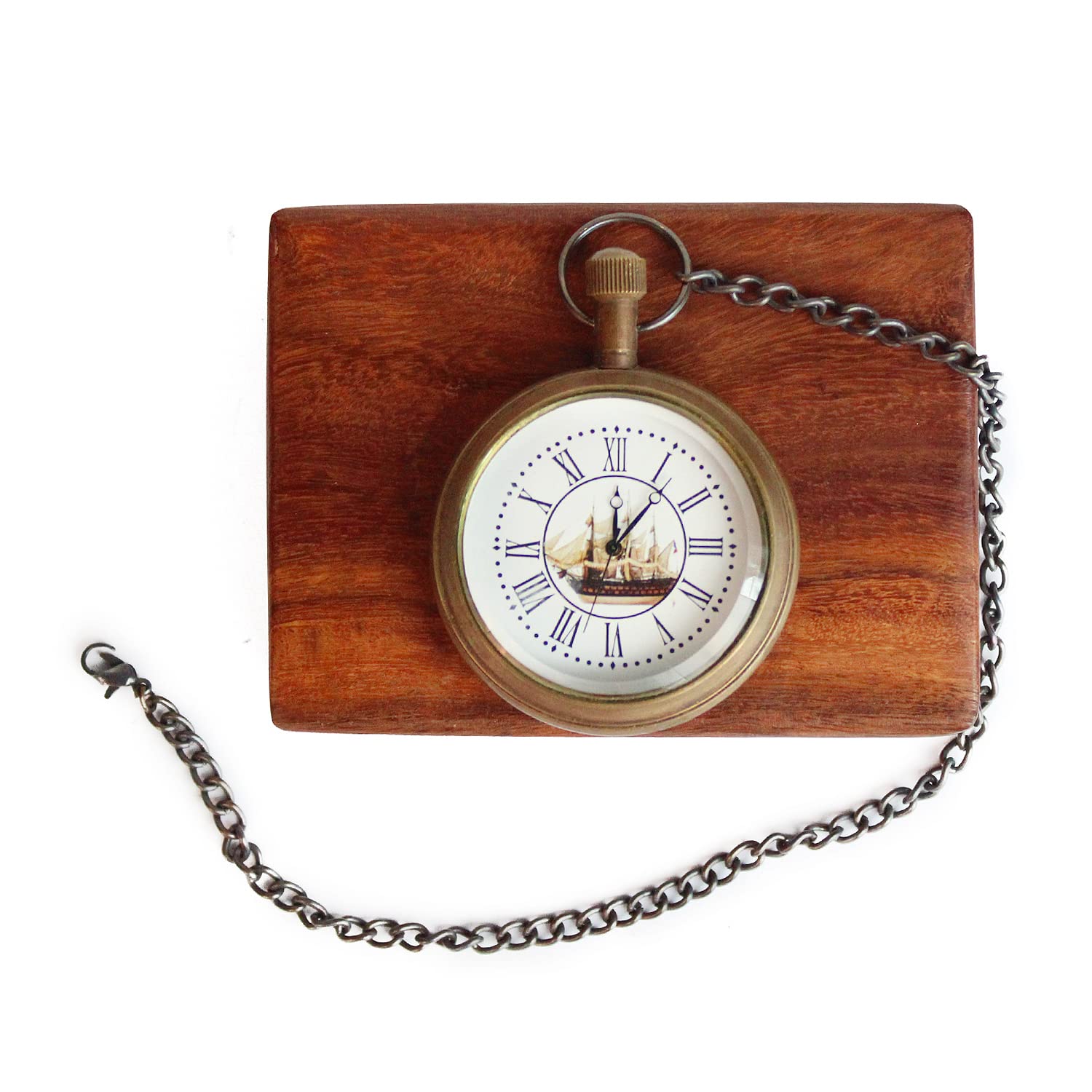 Kartique Antique Pocket Watch with Chain Golden Finish Antique Ship Print with Roman Numbers