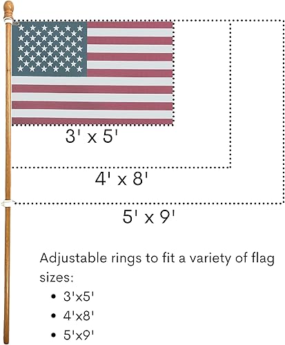 Miniatura 5 de ILOT Mástil de bandera de madera de 56 pulgadas para casa, paquete de 2 anillos giratorios ajustables sin enredos, resistentes para ajuste exterior,