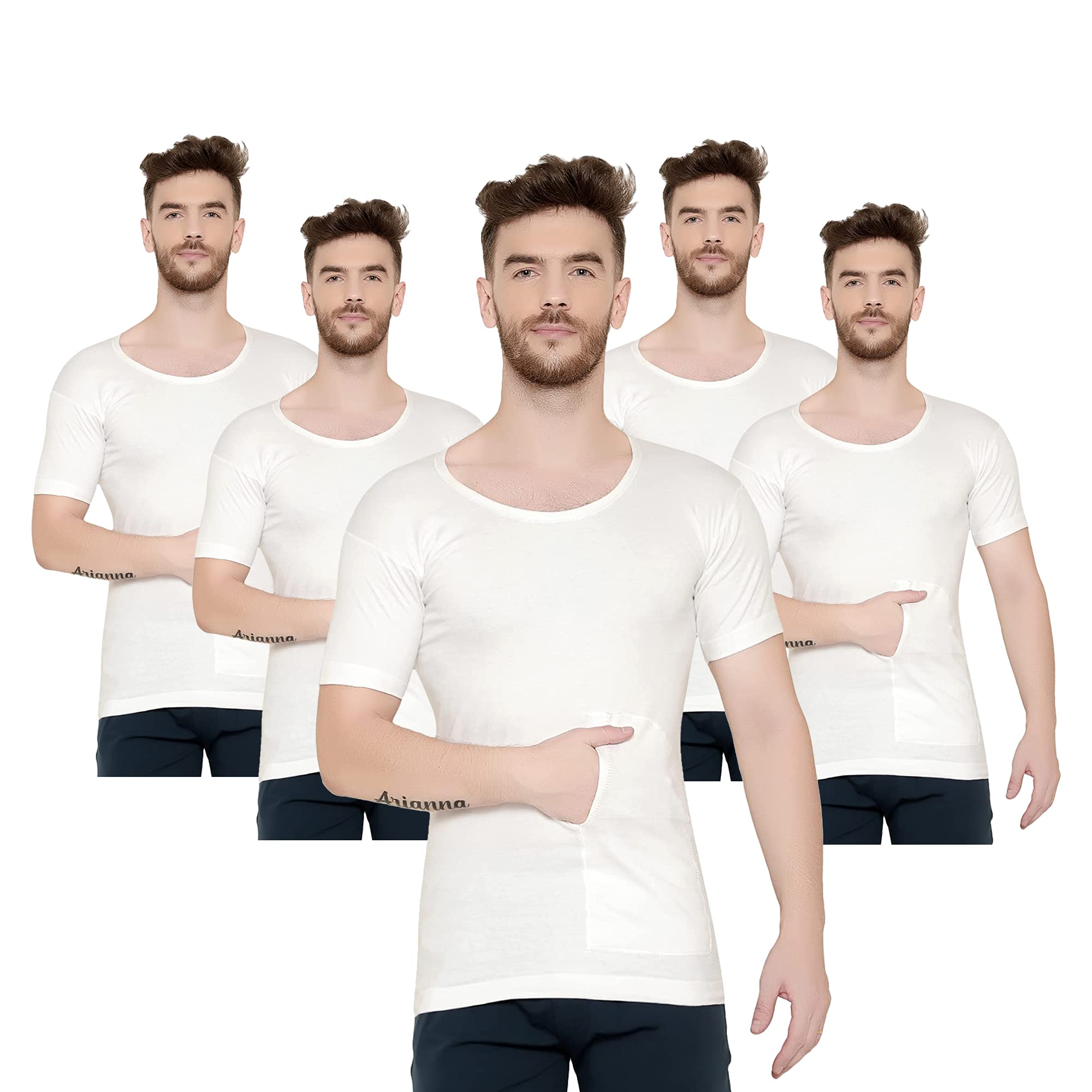 SILVER STORK 100% Pure Cotton Men Interlock Half Sleeves Pocket Round Neck Thick White Vest | Modern White Pocket Baniyan for Men | Dailywear Vest | Pack of 3/5