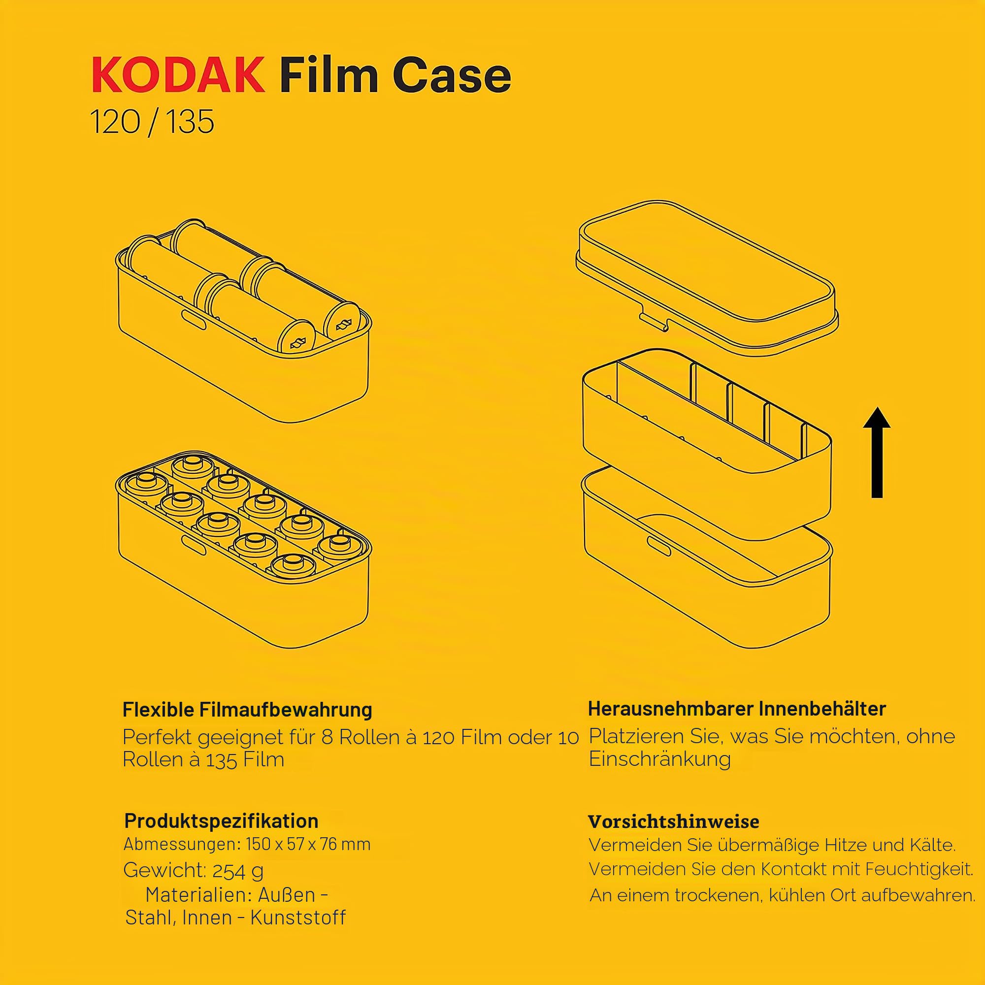 KODAK 120/135 Film Case Filmhülle – für 8 Rollen mit 120 Filmen/10 Rollen mit 35-mm-Filmen – Retro-Stahlgehäuse zum Sortieren und Sichern von Filmen (Gelbe) (Film ist nicht im Lieferumfang enthalten)