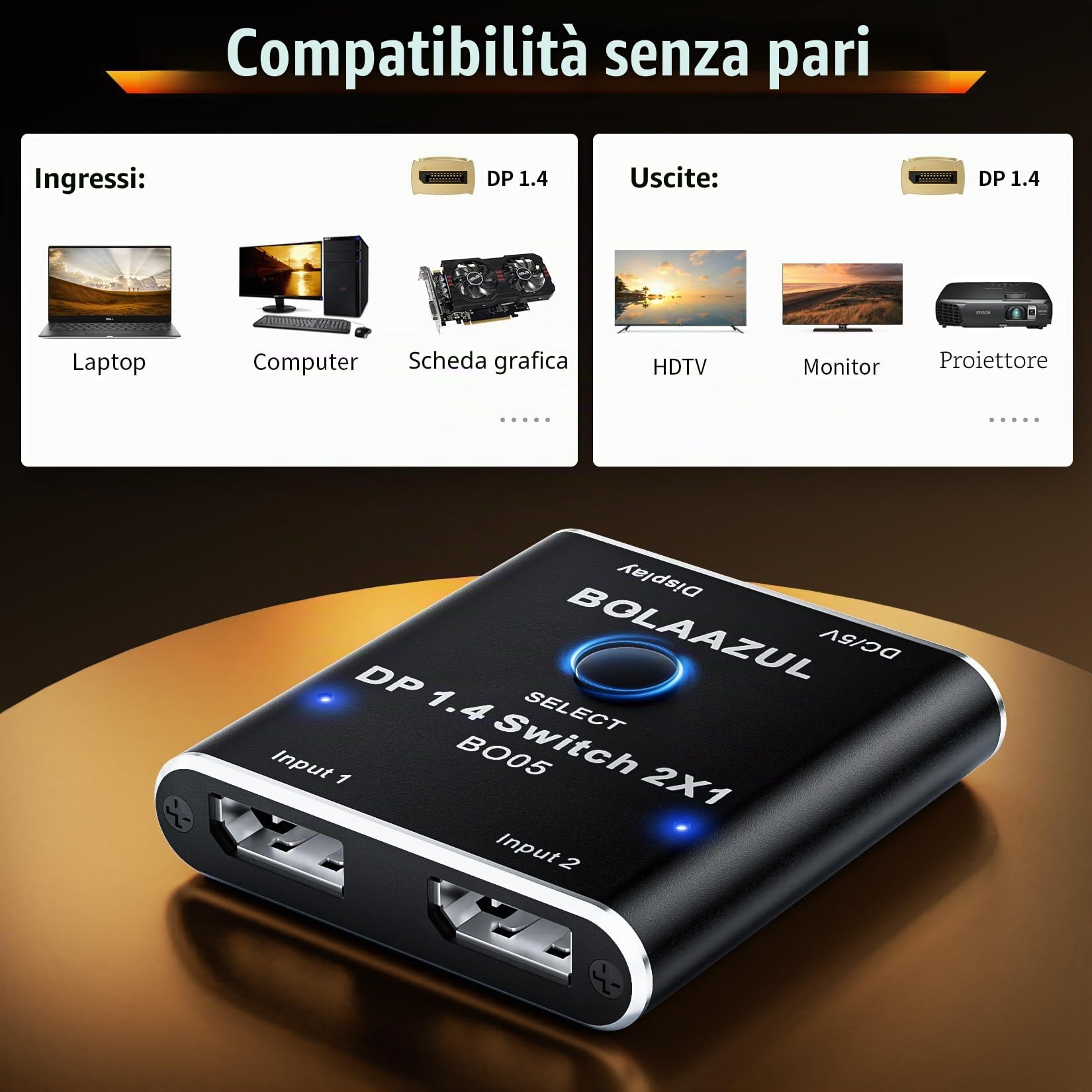 Switch DisplayPort 8K a 2 porte, BolAAzuL DisplayPort 1.4 Switcher 2 in 1 Out, Switch Box DP unidirezionale - Solo 2 ingressi 1 uscita - 8K@60Hz, 4K@120Hz, 2K@144Hz per Monitor Laptop