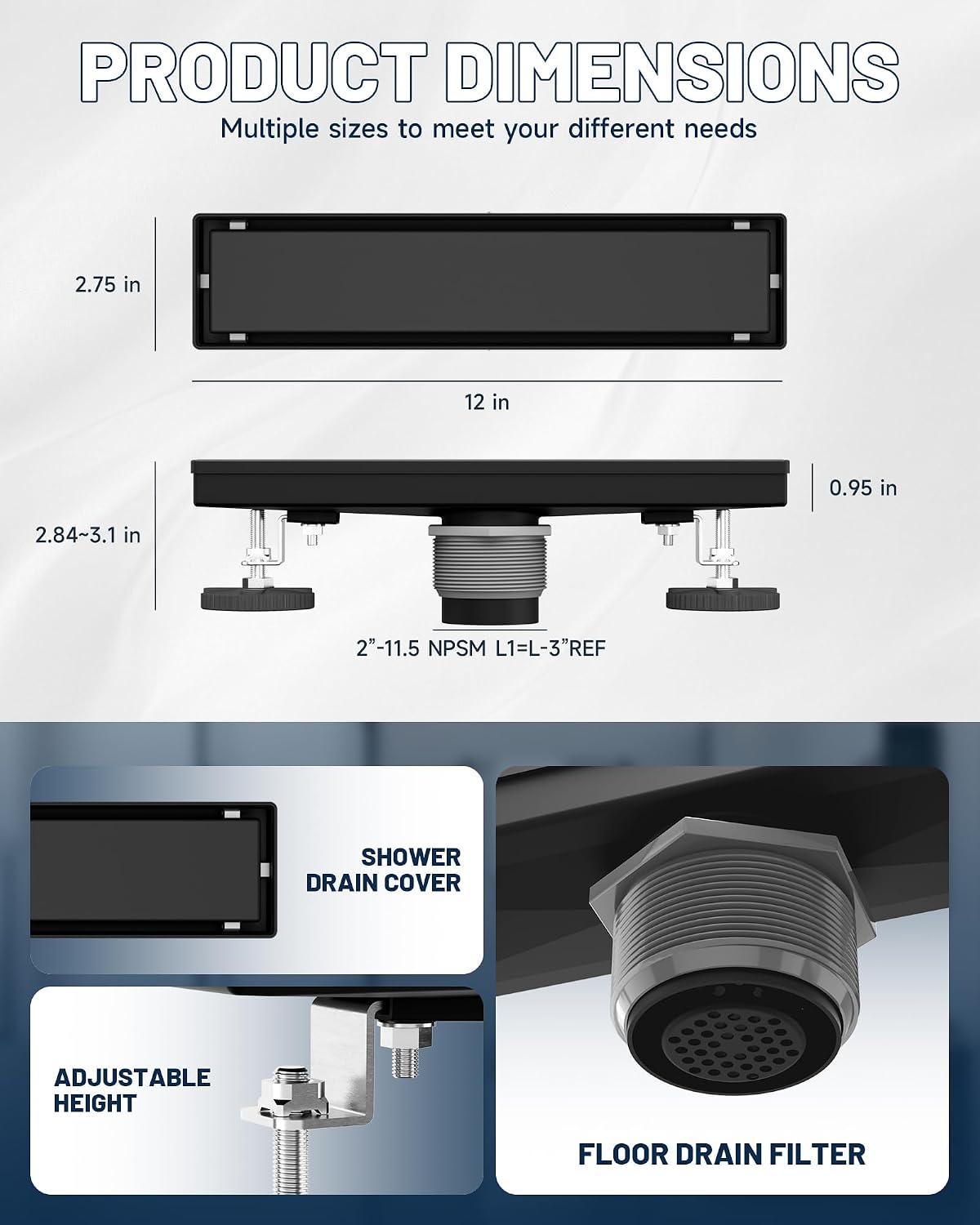 Linear Shower Drain with Tile Insert Grate Black 12 Inch 304 Stainless Steel Rectangle Shower Floor Drain 2-in-1 Flat & Tile Insert Cover Linear Drain with Leveling Feet Hair Strainer by Homevacious
