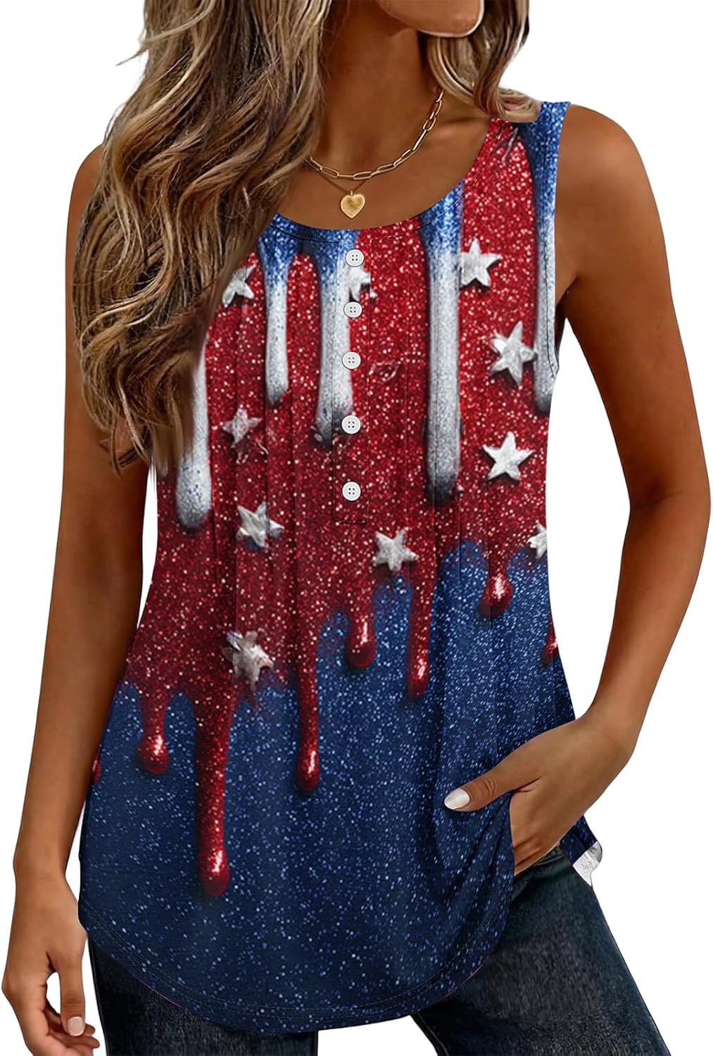 Women 4th of July Button Henley Shirts Sleeveless Crewneck American Flag Graphic Patriotic Tank Tops