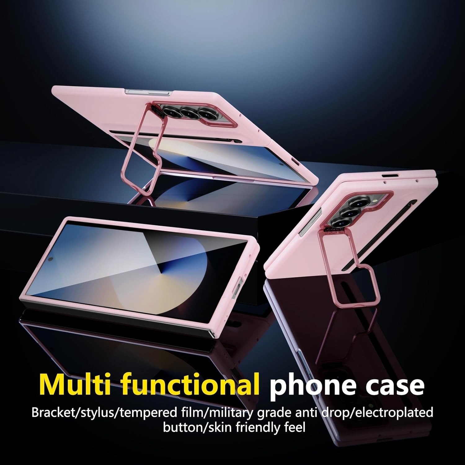 Smartphone Flip Cover Camera Stand Compatible with Samsung Galaxy Z Fold 7 Case with Built-in New Compact S Pen Slot, Case with Screen Protector Folding Series Protective Cover W/Regular Stylus(Pink)