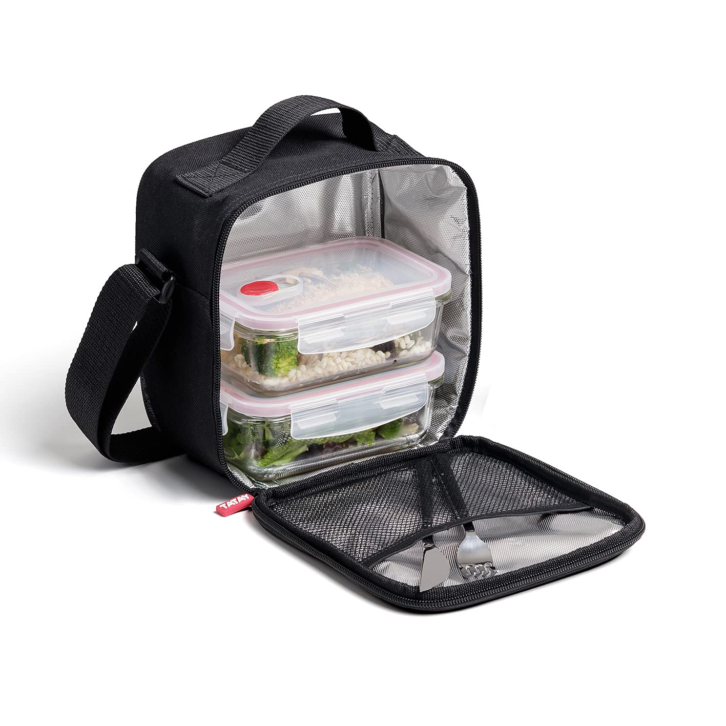 TATAY Borsa Termica Porta Pranzo Impermeabile - Urban Food Casual Glass 3,5L | 2 Contenitori in Vetro 0,57L | Triplo Strato Isolante | Corpo Semirigido | Tasca Interna | 22x12x21,5 cm, Nero