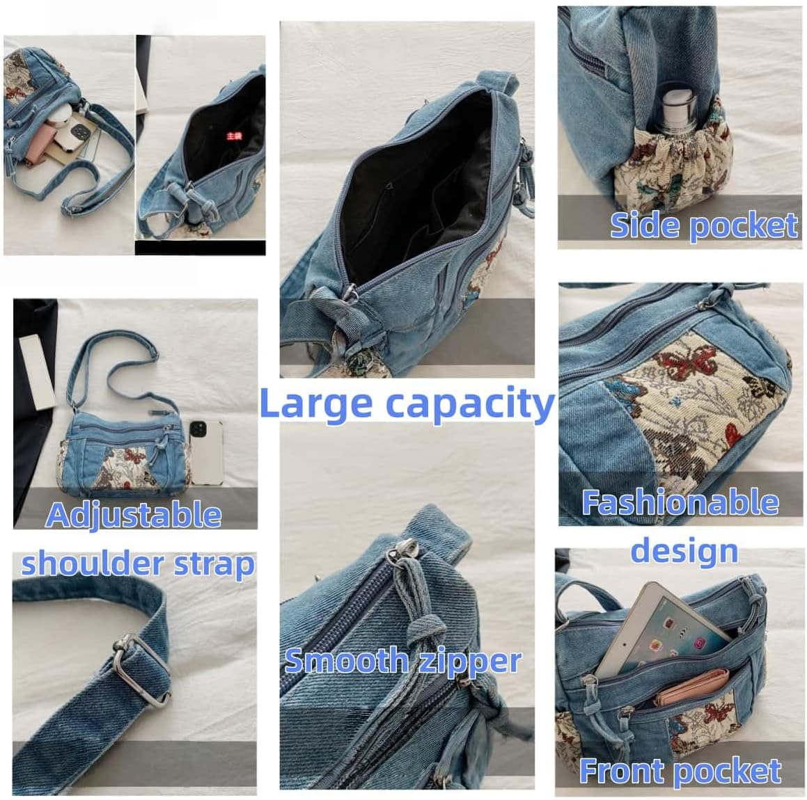Crossbody Bags Purse for Women Trendy Travel Denim Shoulder Underarm Handbag Fashion Y2K Contrasting Butterfly Pattern