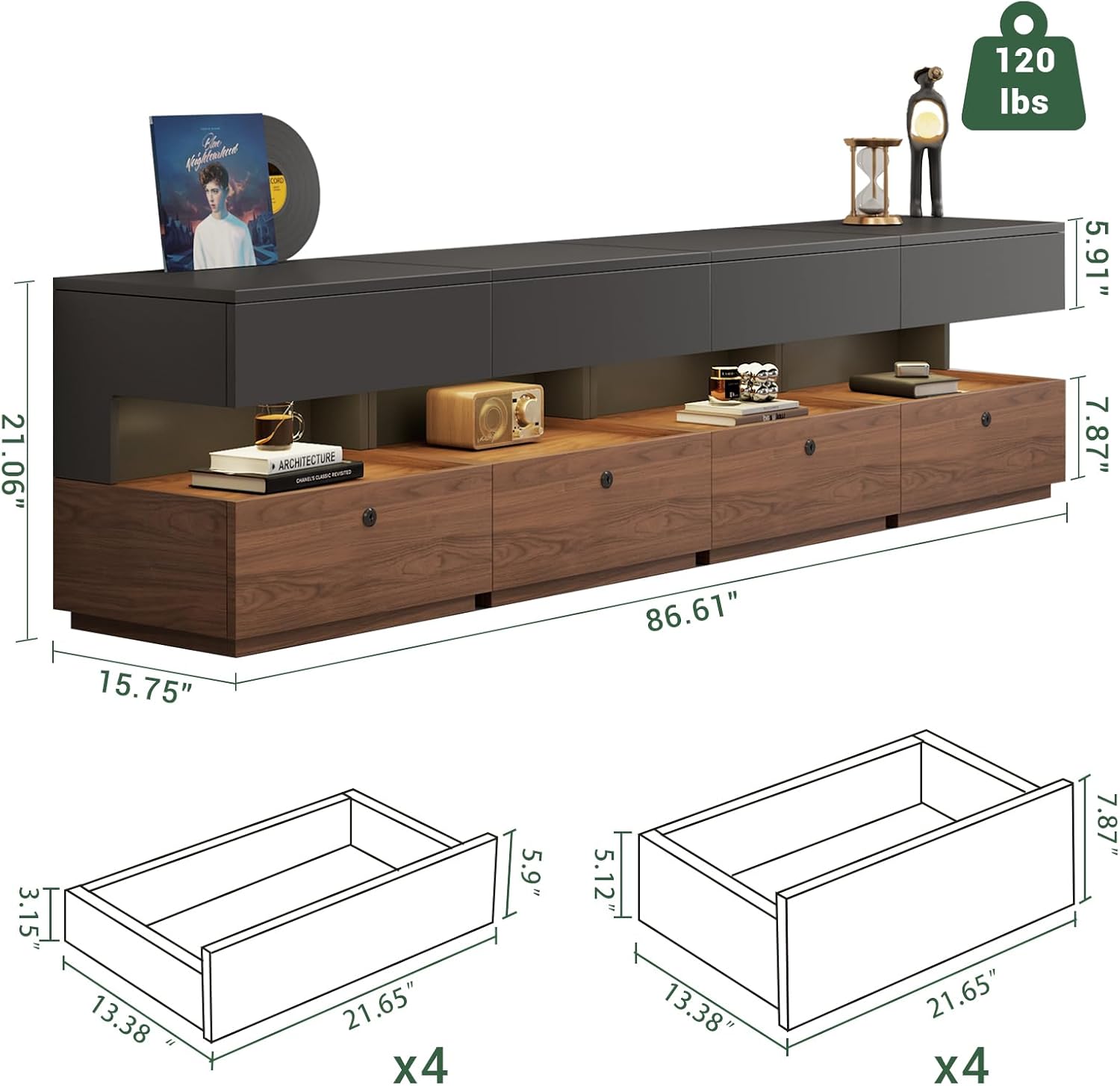 21.65" Floating Nightstand Set of 4 with Motion-Activated LED Light & Lockable Drawer, 86.6'' Mid Century Modern Grey & Walnut TV Stand Entertainment Center with Open Storage Shelf & 2-Tier Drawer