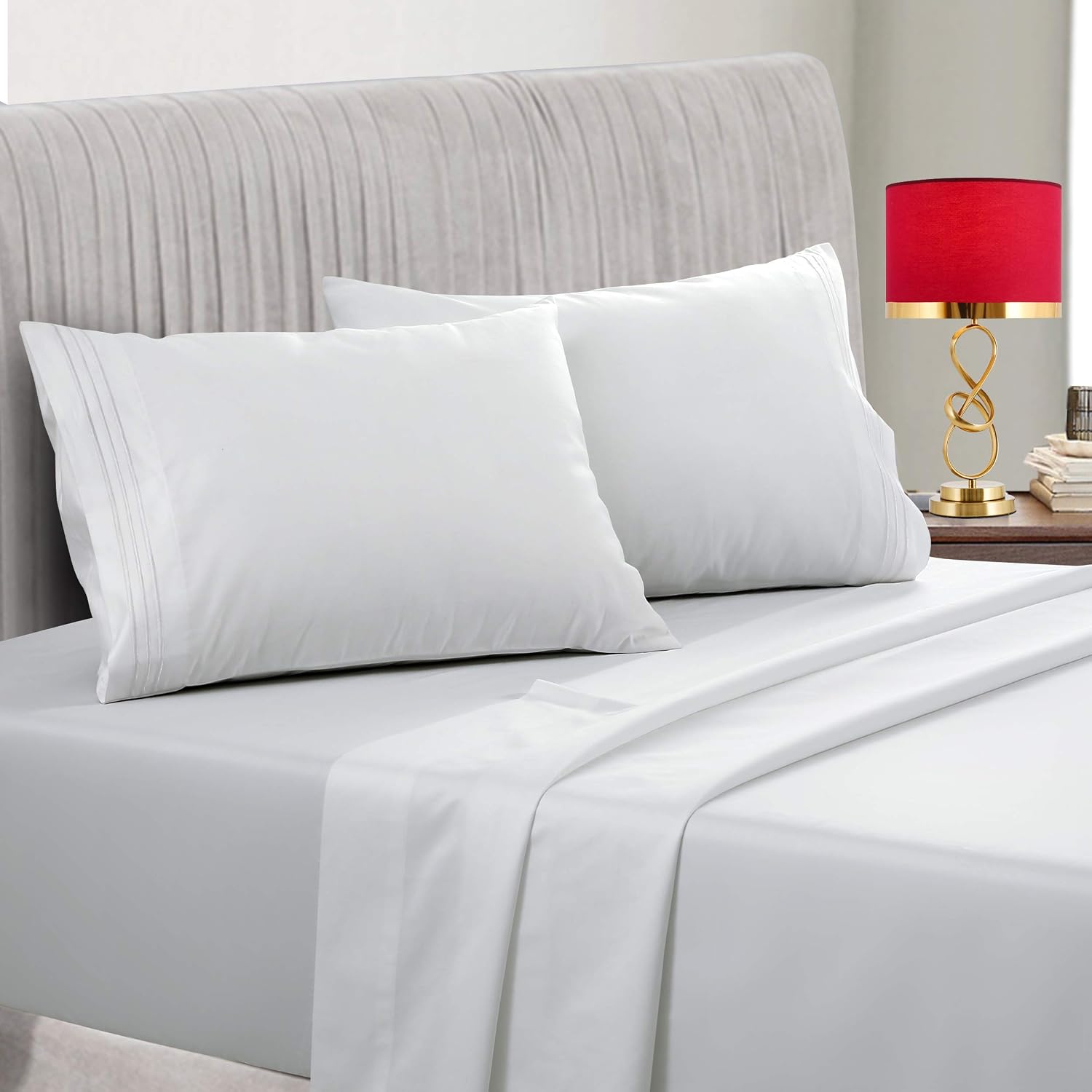 EMONIA 400TC Full Size Cooling Bed Sheets, White 4 Piece Set Long-Staple Combed Pure Natural 100% Cotton Sheets - Soft & Silky Sateen Weave Bedding Set 14" Deep Pocket