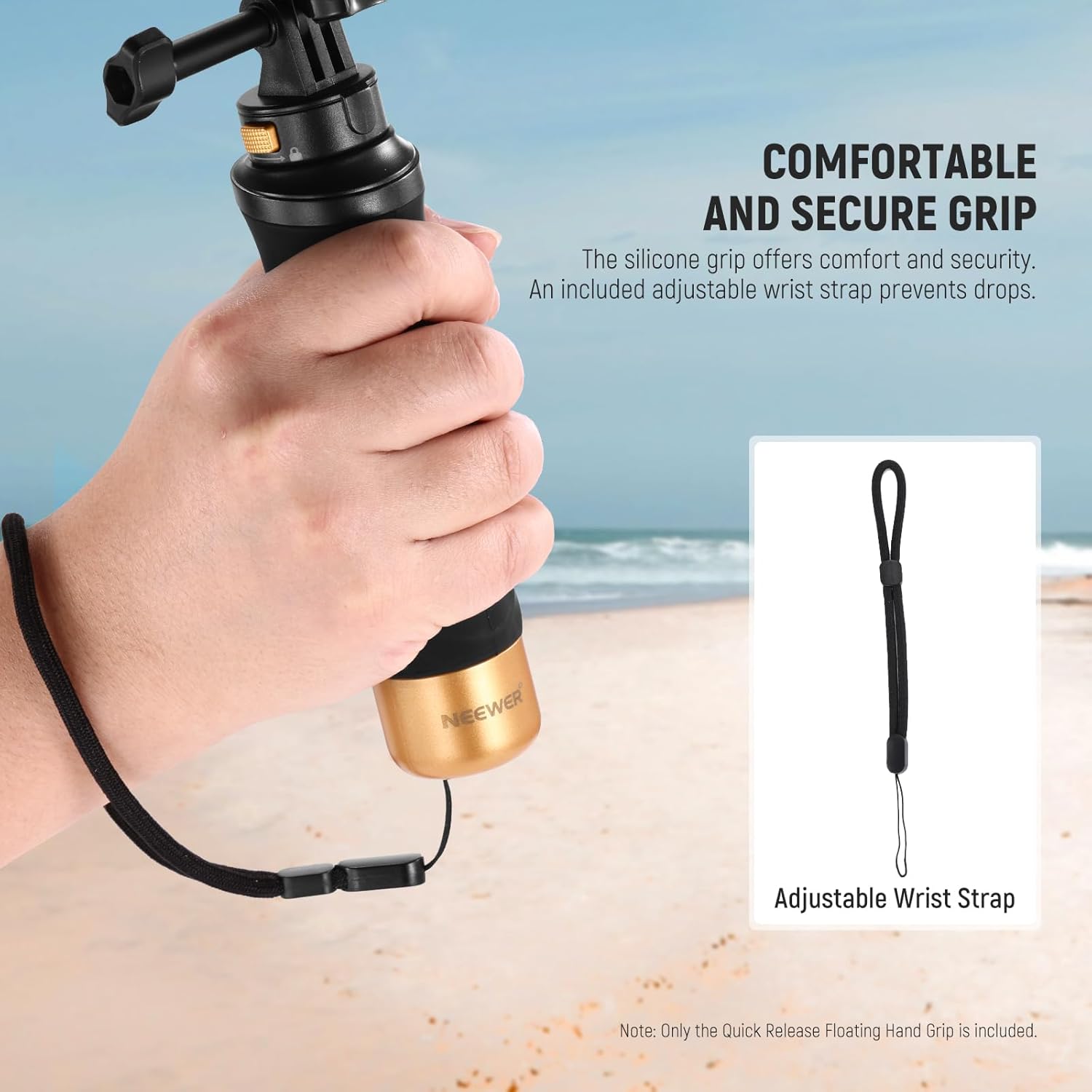Comfortable and secure silicone grip with an adjustable wrist strap attached.
