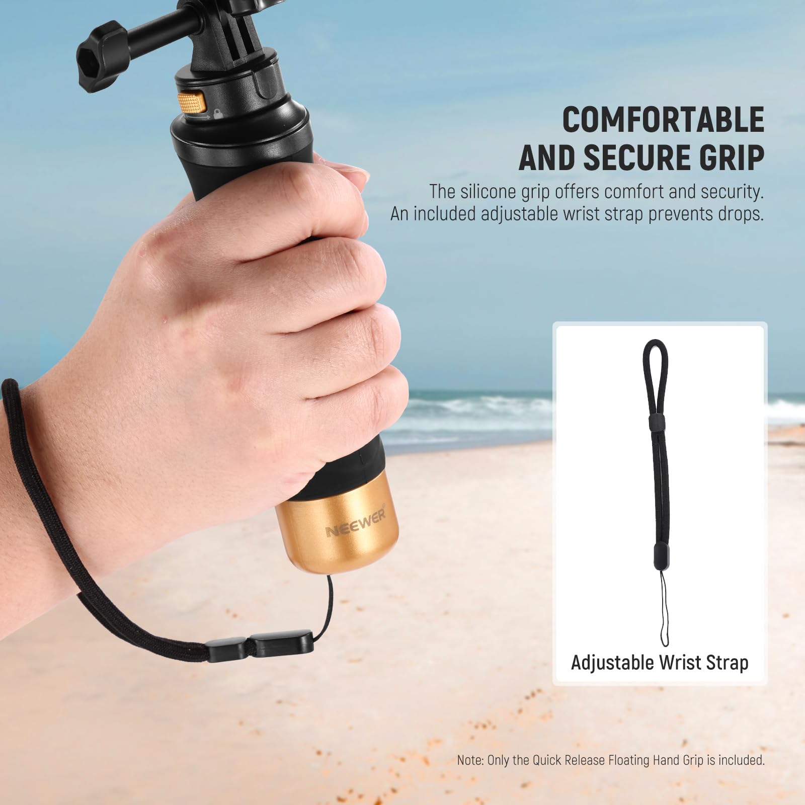 NEEWER Poignée Flottante pour Caméra d'action avec Fixation Rapide, Vis 1/4", Dragonne, Kit d'Accessoires pour Manche et Perche Sous-marine à Fixation Portable Compatible avec GoPro Insta360 DJI, GP23