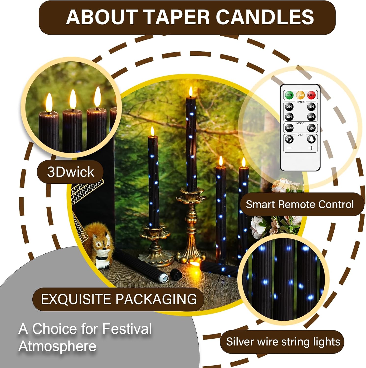 kakoya Real Wax Flameless Taper Candles with Remote Timer,6 Pcs Taper Battery Operated Candle,9.6 Inches LED Candles with Embedded Star String for Home Decor Holiday Party,Black