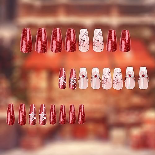Miniatura 2 de Uñas postizas a presión de Navidad de longitud media, uñas postizas de ataúd, uñas acrílicas rojas y rosas con copos de nieve, diamantes de