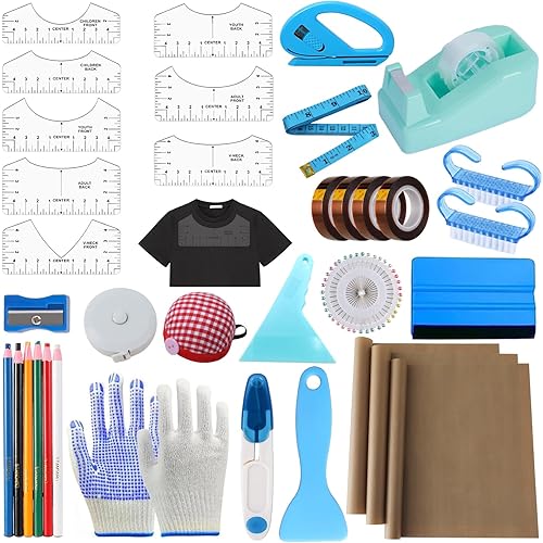 Sublimation Shirts Tool Kits With 8 T Shirt rulers, 3Pack Teflon Sheet for Heat Press 12*16in, Heat Resistant Gloves With Silicone Bumps, 2 Rolls Heat Resistant Tape & Sublimation pencil (Blue)