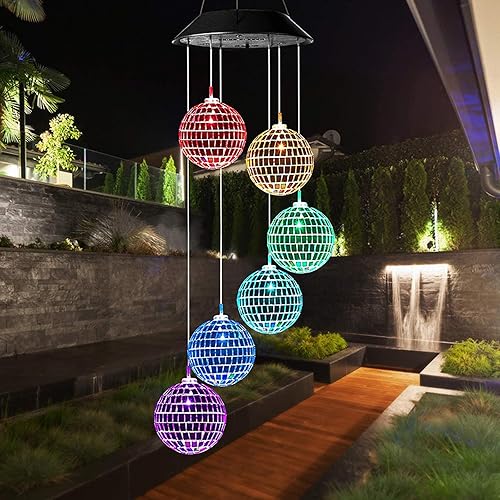 Campanillas de viento de bola de discoteca solar, luz para jardín, patio, decoración al aire libre, bola de discoteca, difusor, decoración de