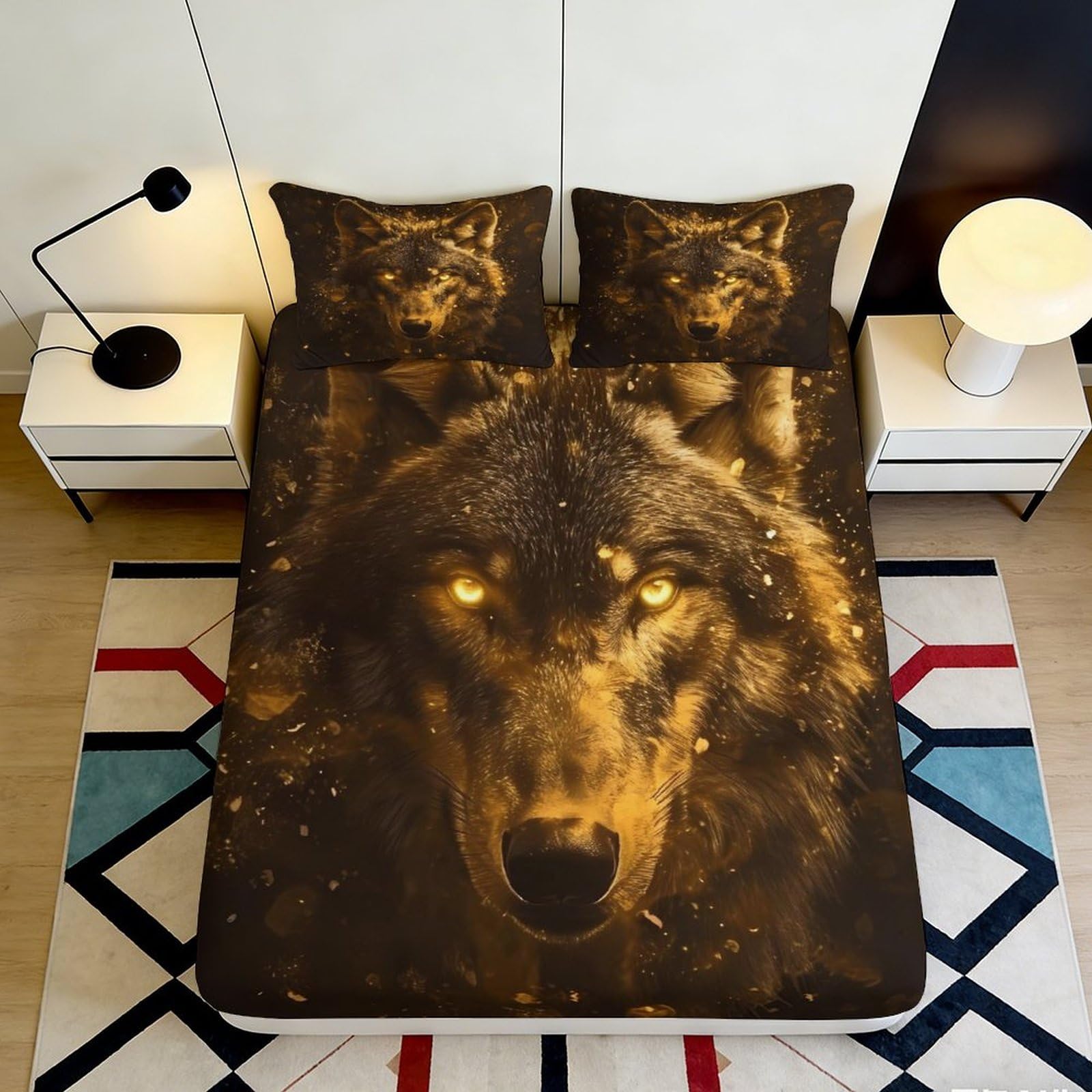 3D Printed Golden Wolf Fitted Sheet Microfiber Soft Breathable Fire Eyes Mattress Cover for Bedroom Dorm Decor 160x200x25cm