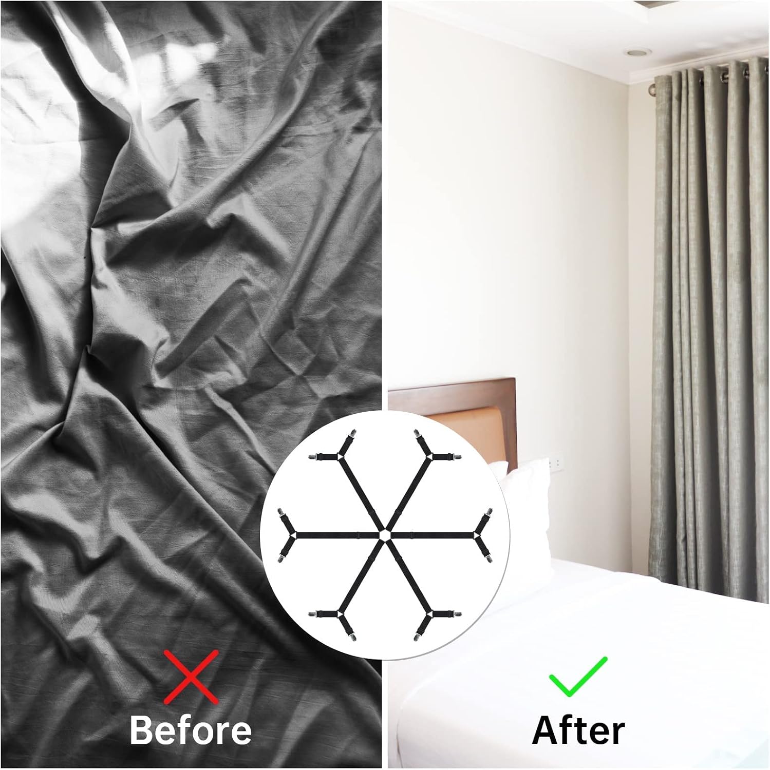 Bed Sheet Straps, Upgraded Elastic Crisscross Bed Sheet Fasteners, 6 Way Cross Adjustable Bed Sheet Holder Straps,Adjustable Bed Sheet Straps for Full, Queen, King Twin Bed(Black)