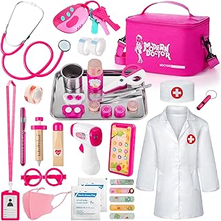 Sundaymot Doctor's Case Children from 3 Years, 34 Pieces Portable Doctor Case with Stethoscope, Thermometer, Wooden Syringe and Portable Doctor Coat, Role Play Toy Gift for Girls Boys from 3+ Years