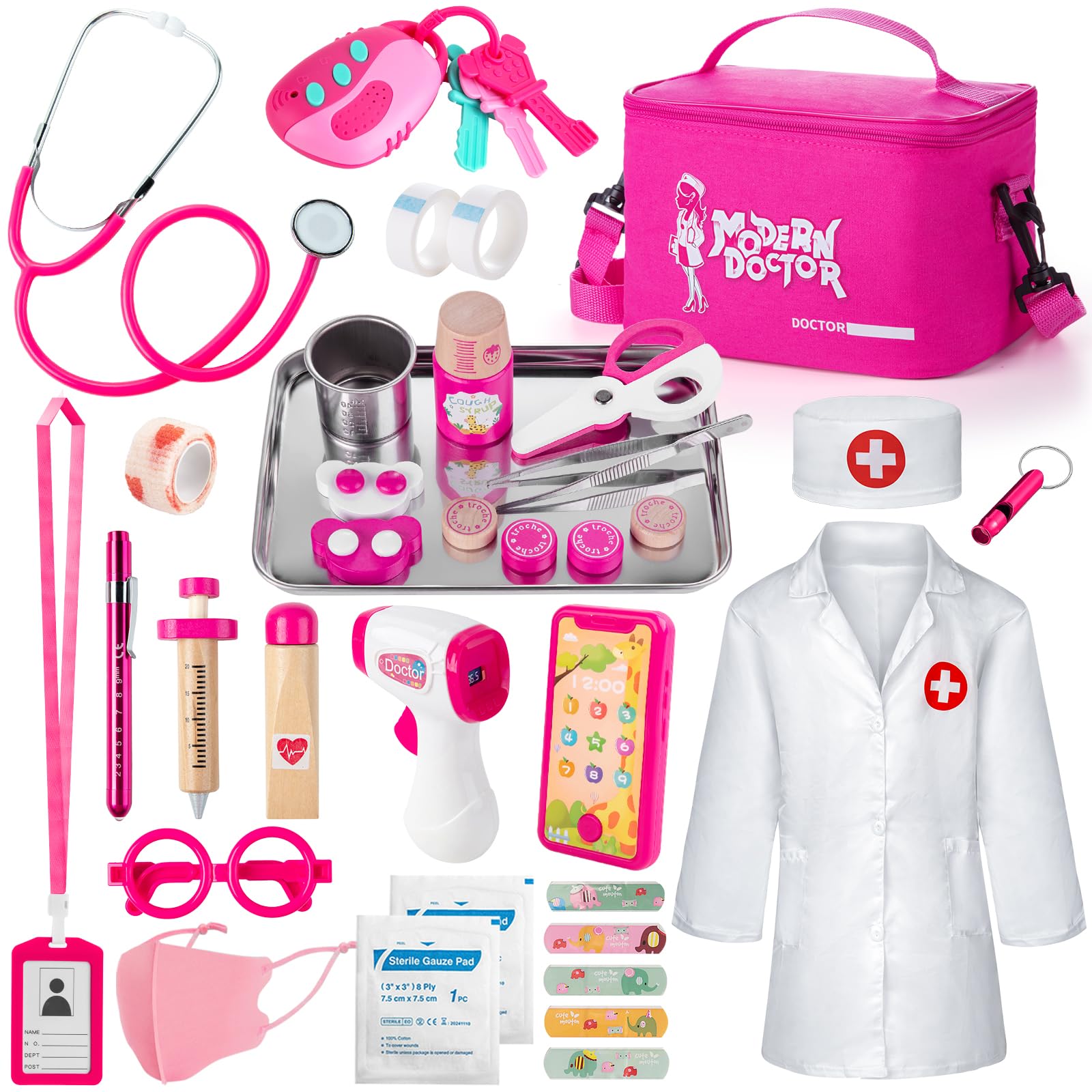 Sundaymot Valigetta Dottore Bambini, Kit Dottoressa Bambina con Stetoscopio, Legno Siringa, Termometro, Borsa da Medico Portatile e Camice da Medico, Giochi Di Ruolo Per Ragazze e Ragazzi Di 3+ Anni