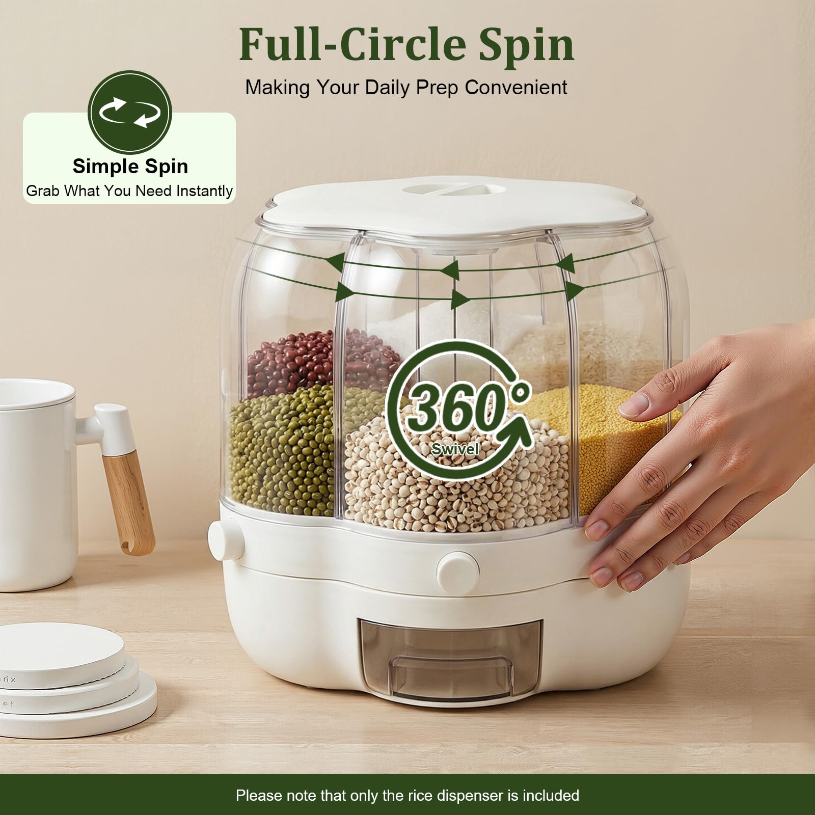 Distributeur de céréales, distributeur de riz rotatif, 6 compartiments, distributeur de céréales rotatif à 360°, pour stocker les aliments secs, récipient à céréales, distributeur de riz, pour tous