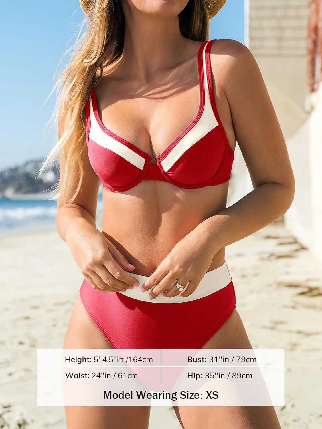 CUPSHE Women's Bikini Sets Two Piece Bathing Suit High Waisted Underwire Wide Adjustable Straps Color Block Back Hook - Image 5