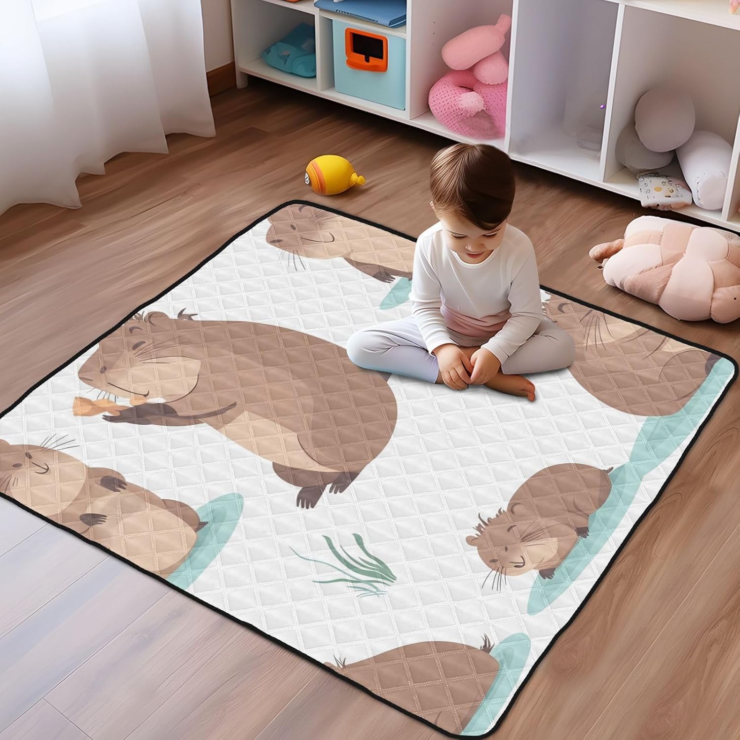 Beavers at Play 50x50 inches Baby Gyms Play Mat, Polyester Lightweight Quilted Cushion, Waterproof Surface, Soft and Thick, Slip Resistant Bottom and Machine Washable