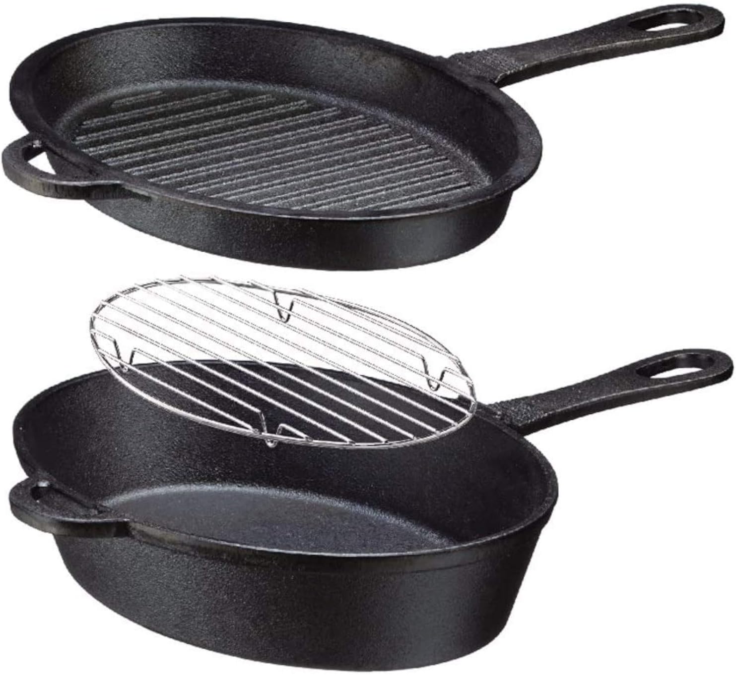 Ishigaki Skillet Frying Pan, Oven, Iron Casting, Oval, Deep Type, Shallow Type, Set with Net