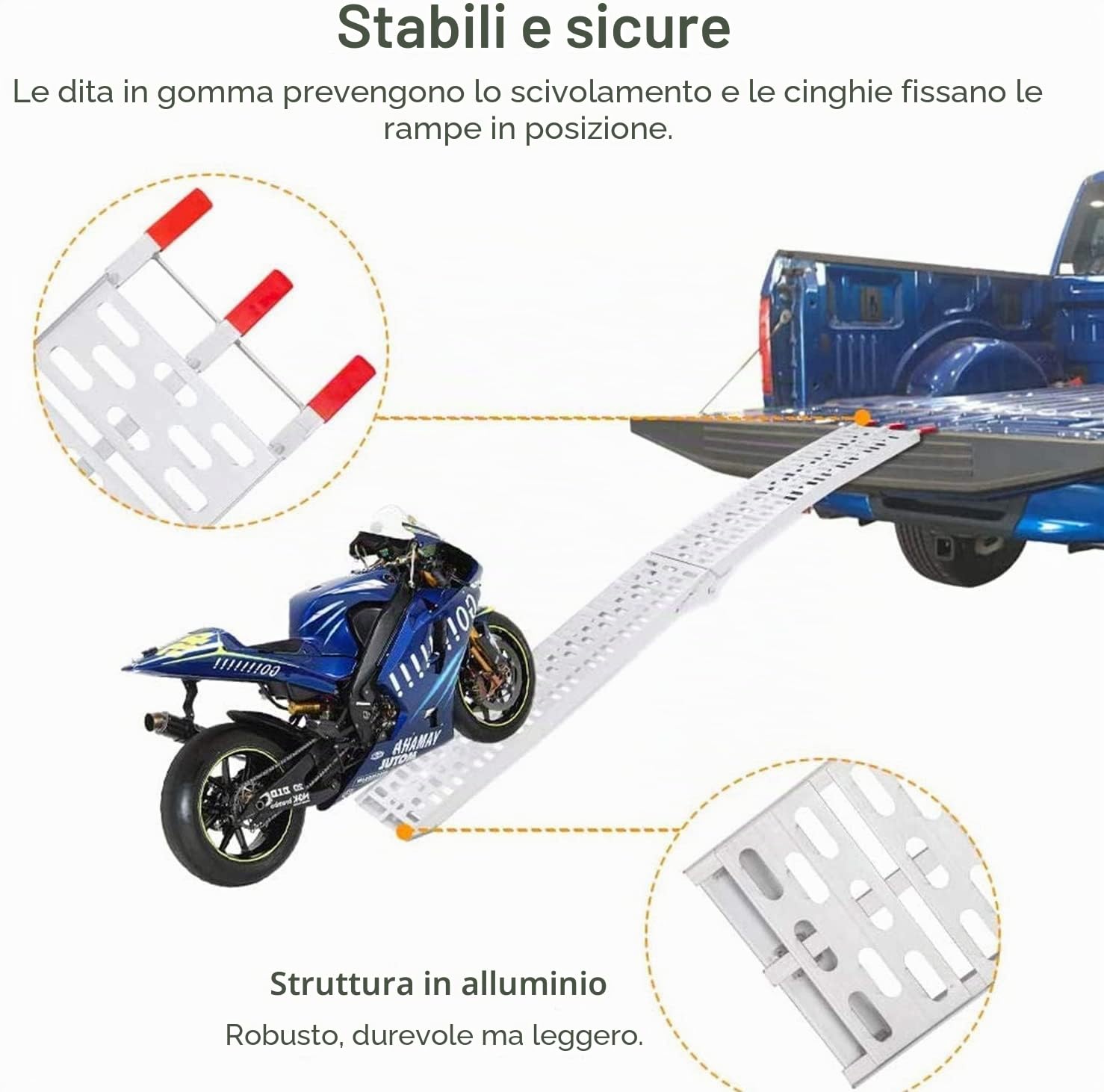 Rampa di carico pieghevole in alluminio, portata max. 340 kg, per moto o motorino, antiscivolo