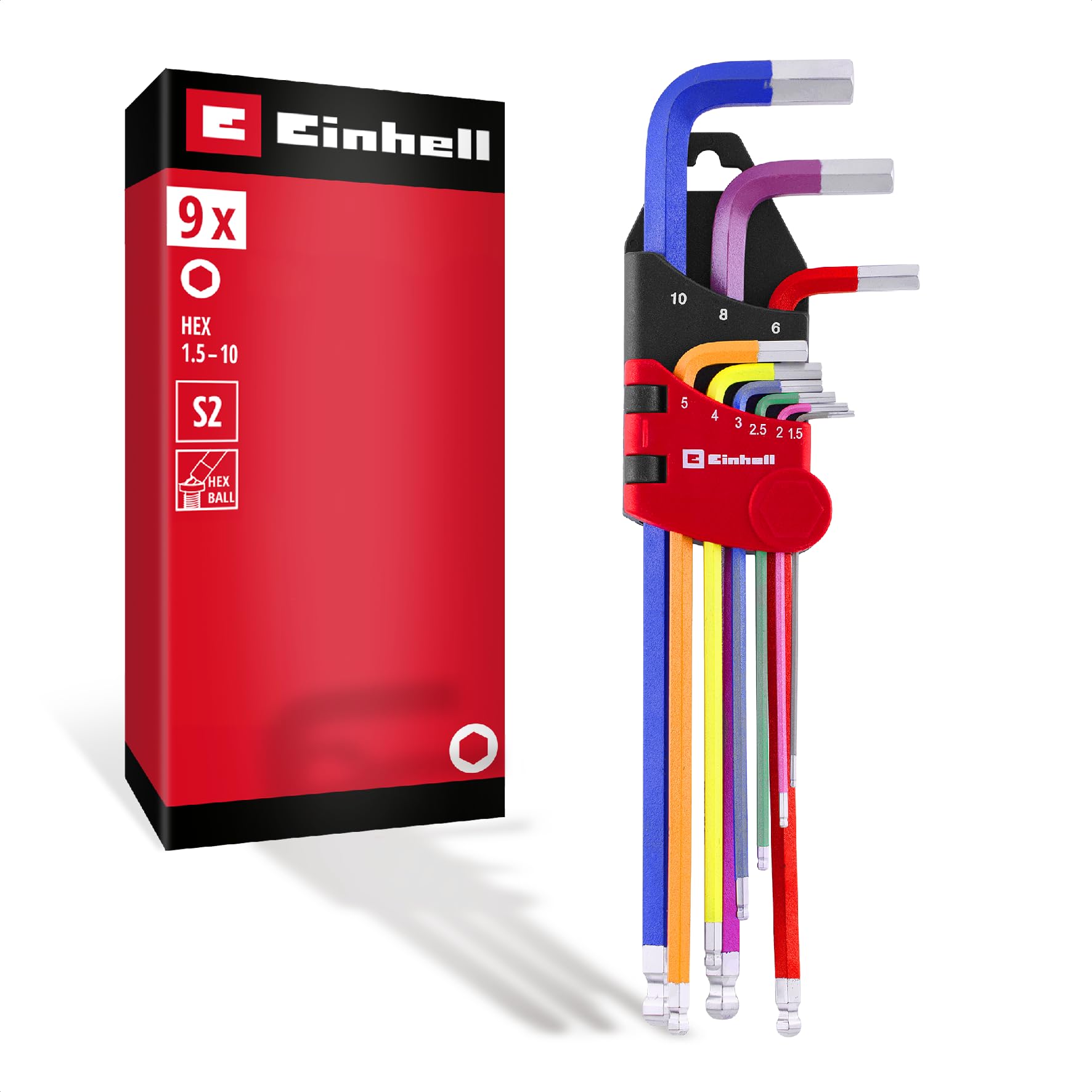 Original Einhell Set Chiavi Esagonali 9 pz (Acciaio S2, Testa Sferica, Funzione Doppia, Misure 1.5–10 mm, Supporto, Uso Pratico)