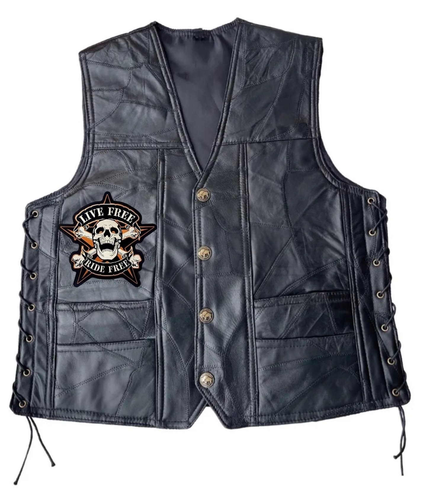2 Aufnäher Totenkopf auf Stern "Live Free Ride Free" für Motorradjacke und Weste