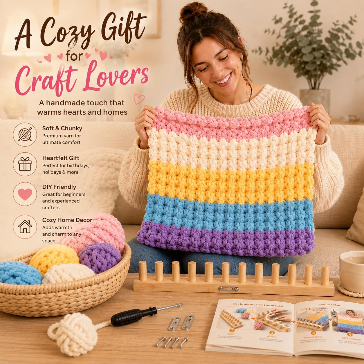48'' Chunky Knitting Blanket Loom, Adjustable Wood Knit Loom with Detachable Modules, Portable Hand Weaving Loom Kit for Beginners, DIY Yarn Craft Tool for Home & Trave (48 inch)