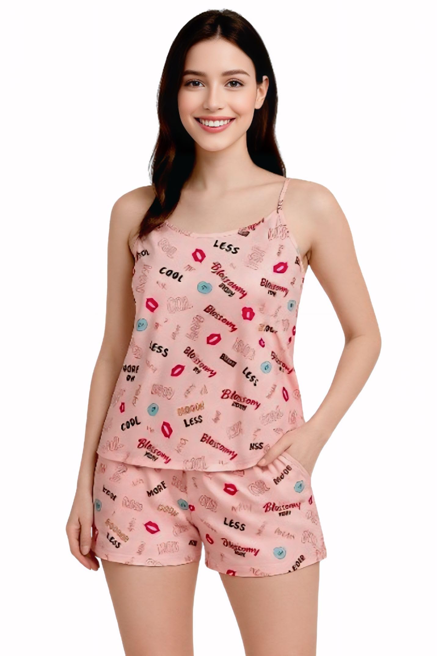 Women's Pink Printed Nikkar & Top Set, Spaghetti Strap Cami Top with Shorts, Cute Lips Pattern Sleepwear-picture-23
