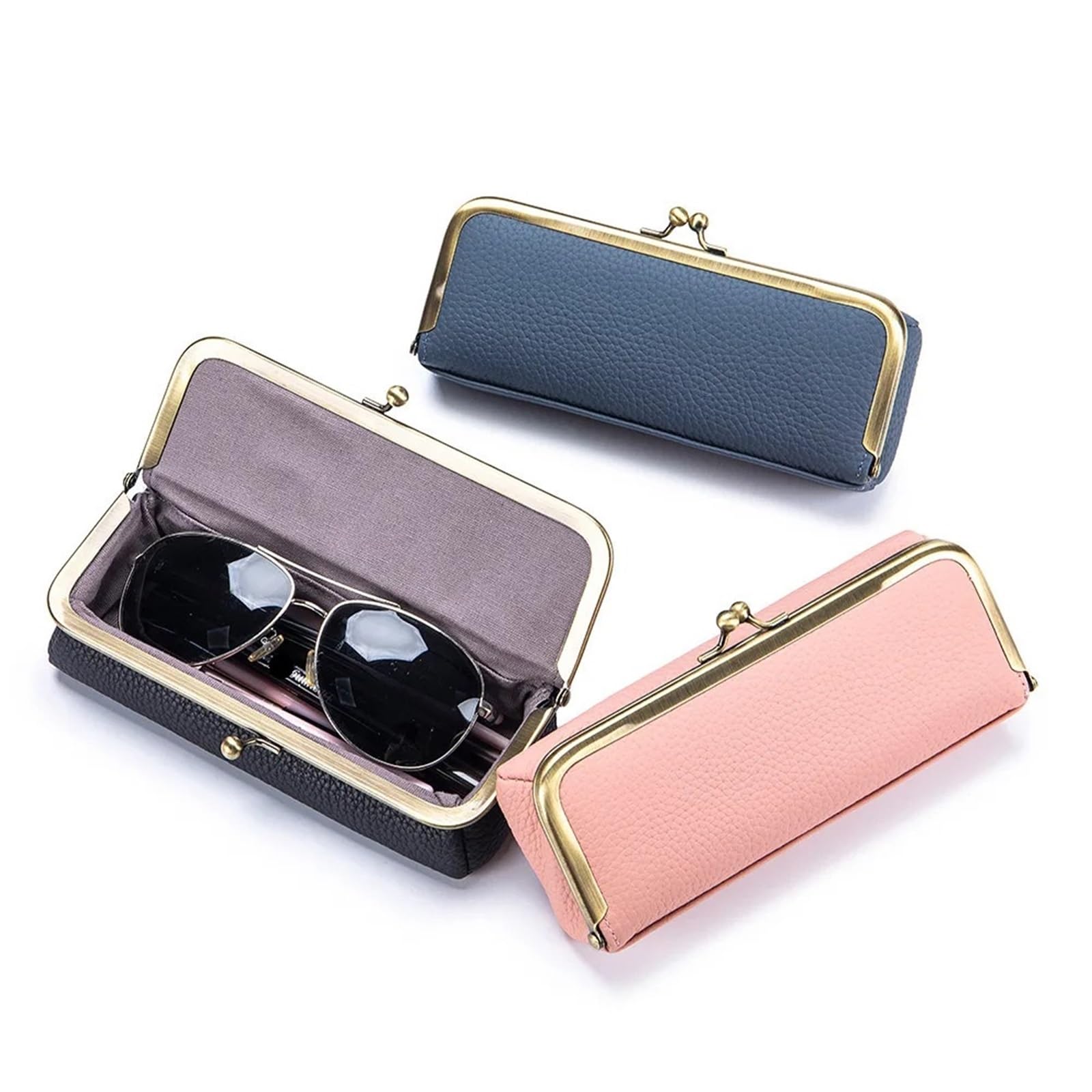 estuche para gafas, Estuche de piel for gafas, unisex, con clip, for guardar sol, lápices cejas y otros objetos