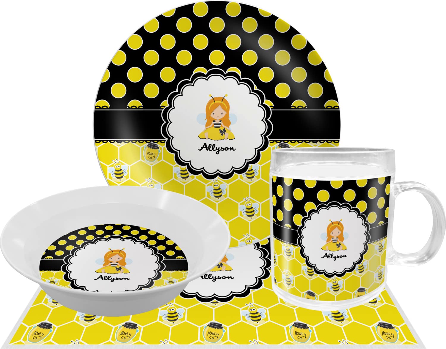 Personalized Honeycomb, Bees & Polka Dots Melamine Bowl - 12 oz