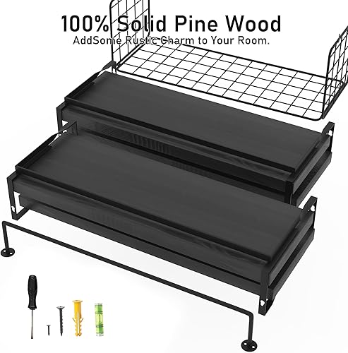 Miniatura 6 de Estantes flotantes de madera negra montados en la pared, estantes rústicos de pared de baño de 3+1 niveles sobre el inodoro con cesta de