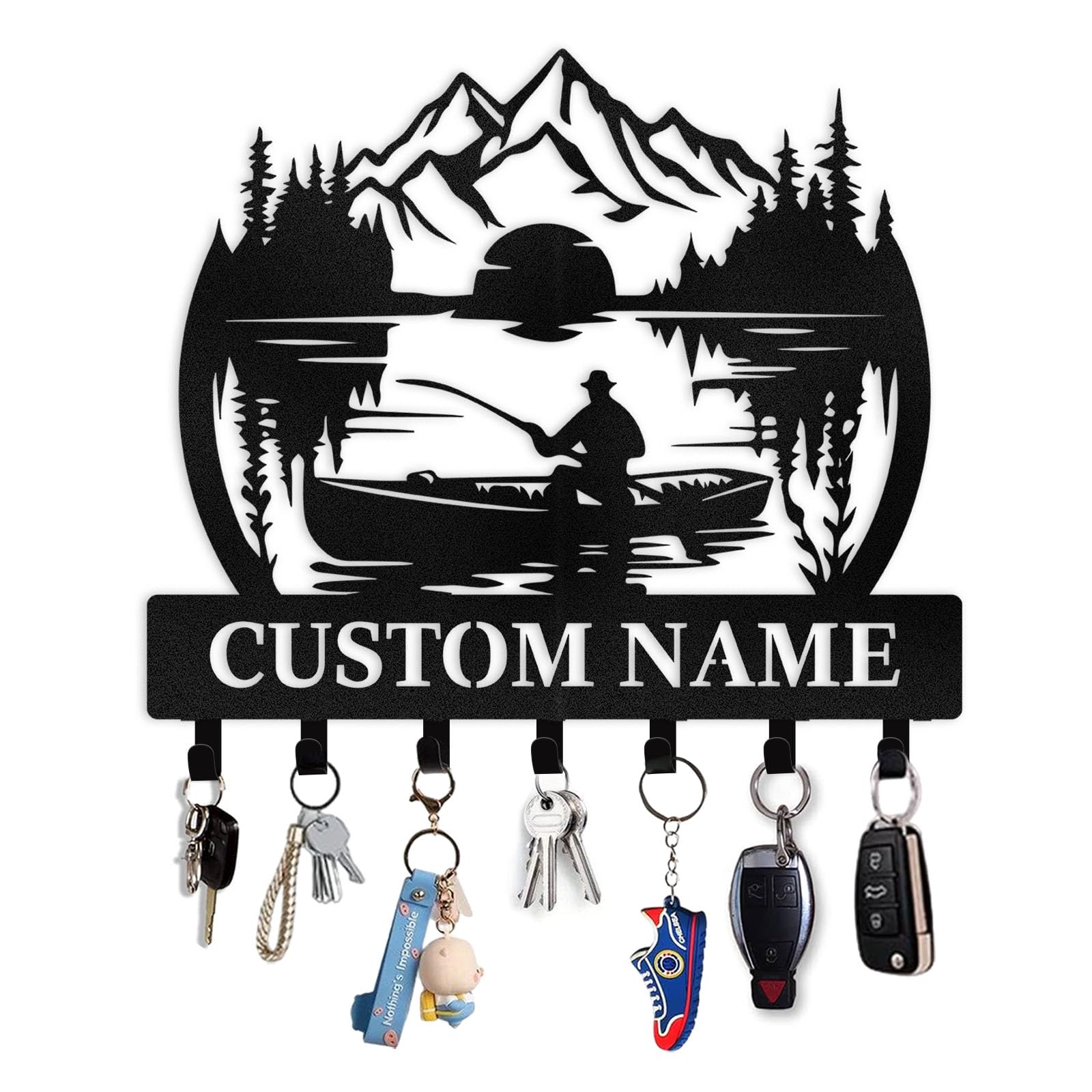 Personalized Fishing Key Holder Wall Mount, Sunset Camping Key Holder for Wall, Custom Name Keys Hanger Gifts for Fisherman Family, Decorative Keys Hooks for Fishing Lovers Color07