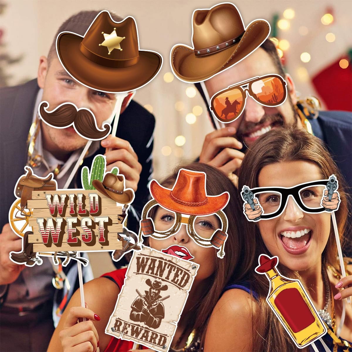 Set di 30 accessori per foto da cowboy occidentale, decorazioni per feste a tema rodeo, oggetti di scena per selfie a tema Wild West, accessori per feste di compleanno country cowboy