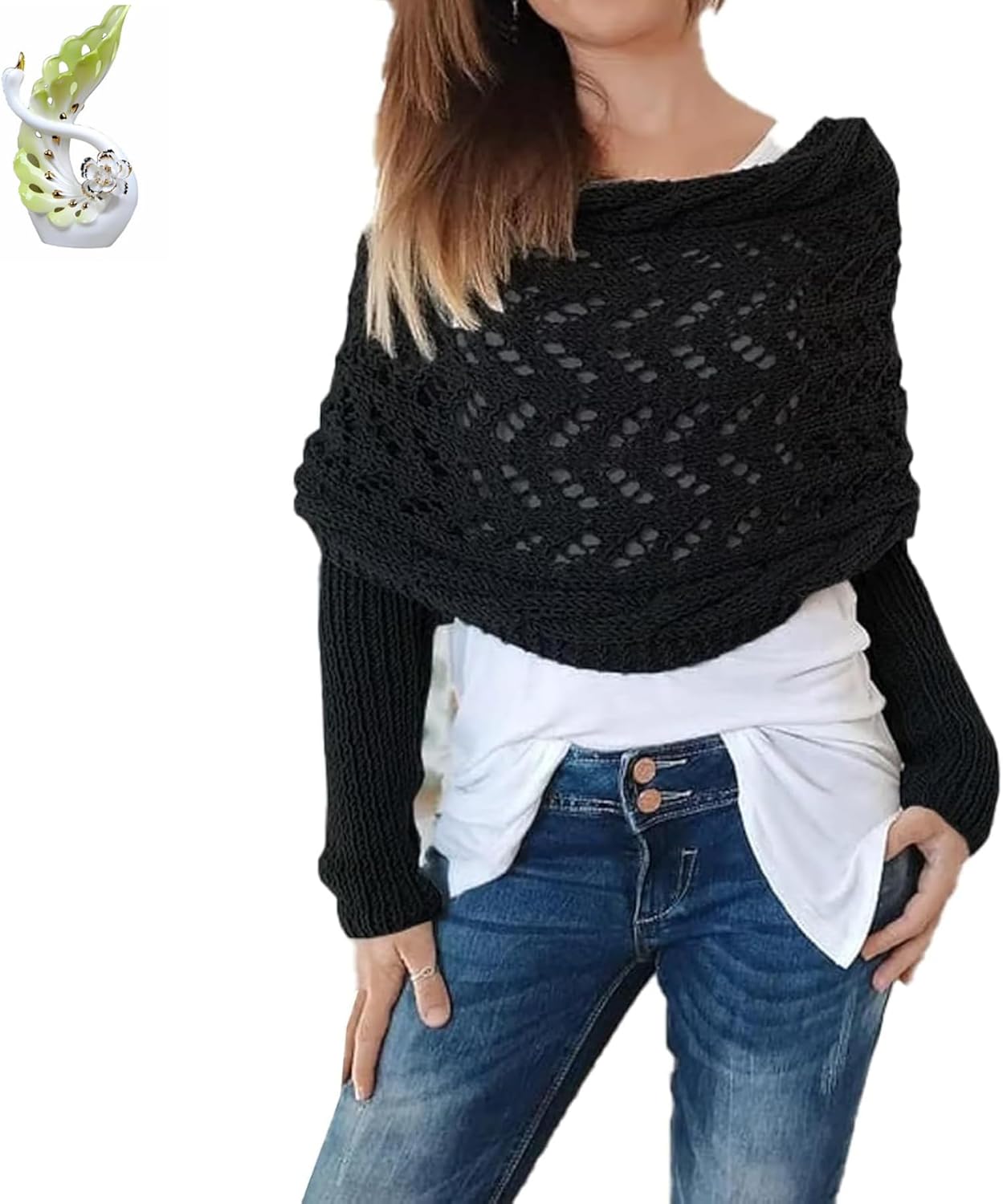 Knitted Cable Wrap Shawl with Sleeves, Multifunctional Scarf, Black