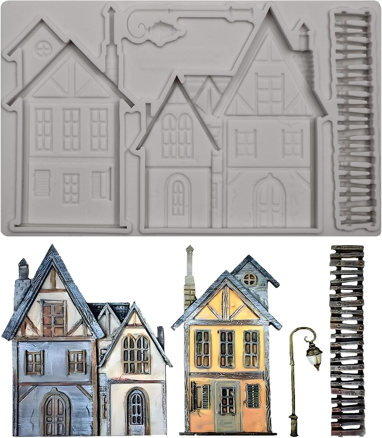 Victorian Houses Silicone Mold, Vintage Buildings Fondant Mold with Lamp Post, 7.95 x 4.92 inches, Gray
