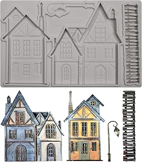 Victorian Houses Silicone Mold, Vintage Buildings Fondant Mold with Lamp Post, 7.95 x 4.92 inches, Gray