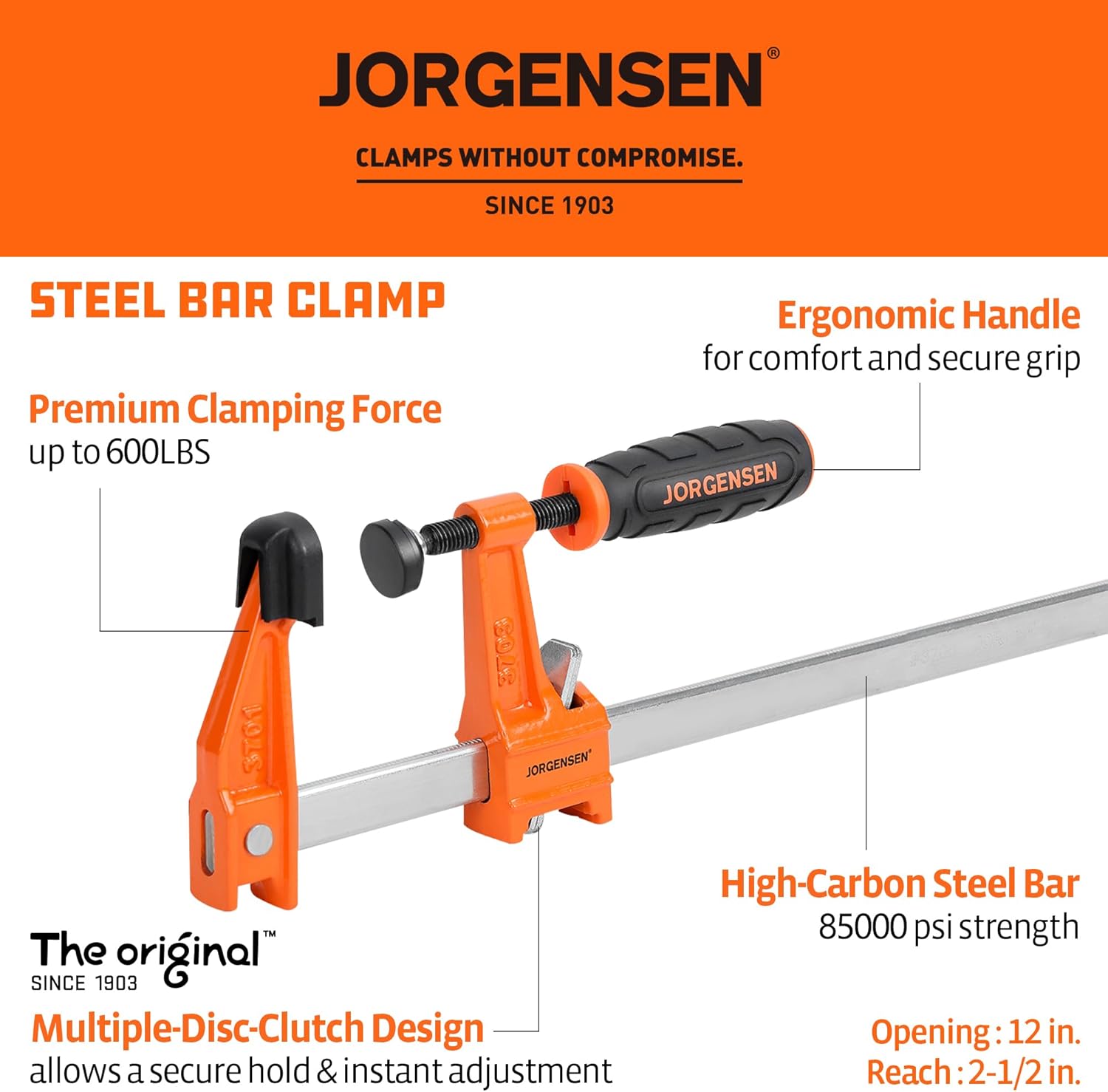 JORGENSEN 2-pack Steel Bar Clamps Set, 12-inch Medium Duty, 600 Lbs Load Limit, for Woodworking