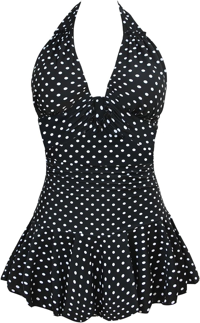 Lemu Women's Retro Vintage Polka Dot One Piece Pin Up Bikini Monokinis Swimsuit Small Black and white
