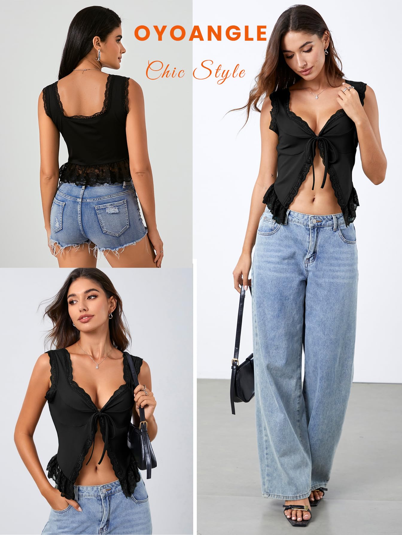 OYOANGLE Women's Summer Casual Tie Front Top Sleeveless V Neck Lace Trim Going Out Crop Blouse
