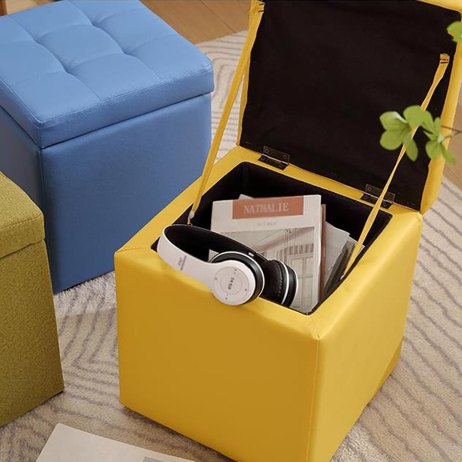 キューブストレージフットスツール クラムシェルデザイン、ポータブルファブリック/レザースクエアフットレスト、多目的オットマンフットス